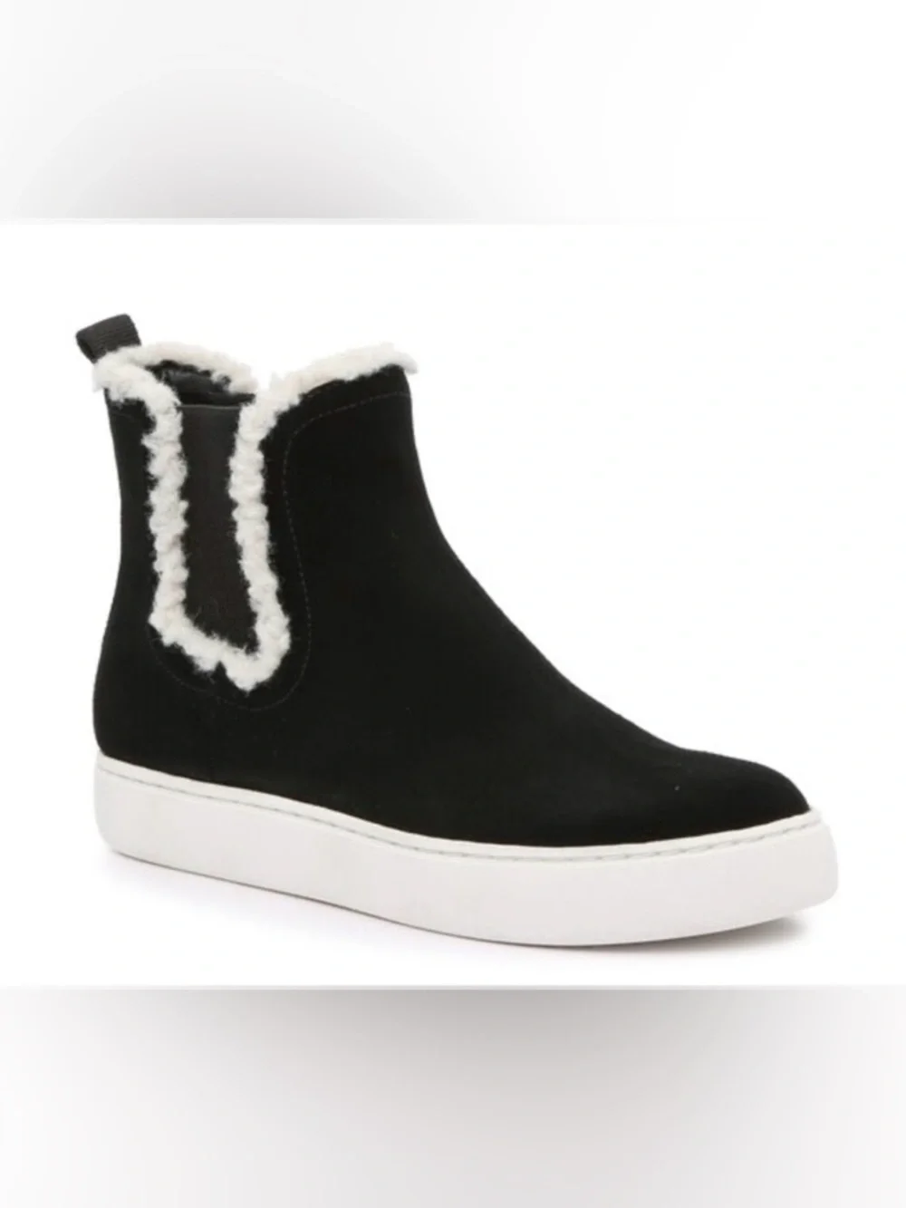 Lucky Brand Kachai Chelsea Boot Black Suede White Faux Shearling Fur Size 7 NEW - Picture 1 of 11